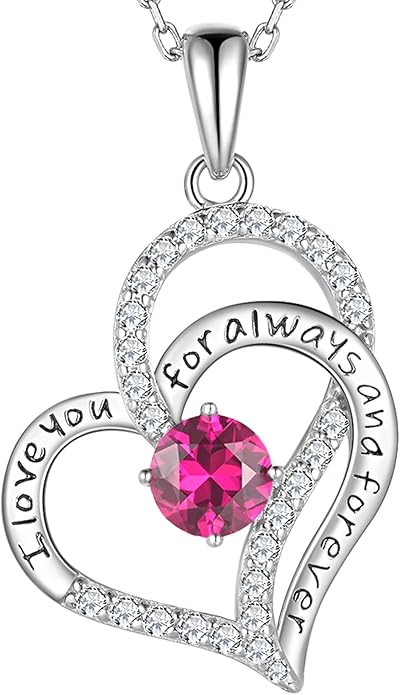 Birthday Gifts Double Heart Birthstone Necklace for Women, S925 Sterling Silver Pendant Necklace Jewelry for Her Mother Mom Wife Girlfriend