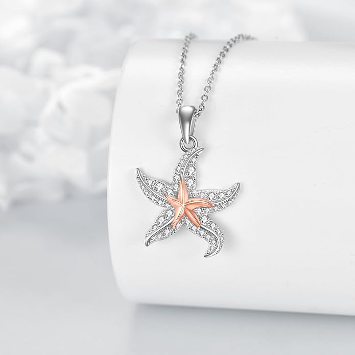 TIGER RIDER Ocean Necklace Sterling Silver Starfish Pendant Necklace Cubic Zirconia Starfish Jewelry Birthday Gifts for Women Ocean Lovers