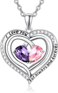 Valentine's Day Gifts for Wife 925 Sterling Silver Double Birthstone Pendant Necklaces I Love You for Always and Forever Necklace Anniversary Birthday Gifts for Wife Girlfriend Mom Her