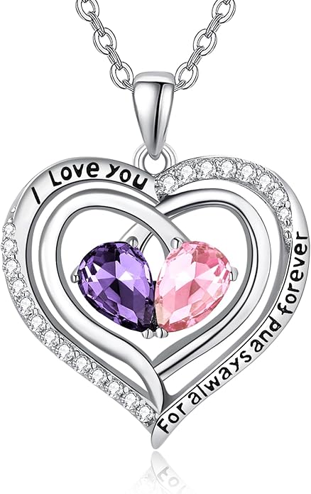 Valentine's Day Gifts for Wife 925 Sterling Silver Double Birthstone Pendant Necklaces I Love You for Always and Forever Necklace Anniversary Birthday Gifts for Wife Girlfriend Mom Her