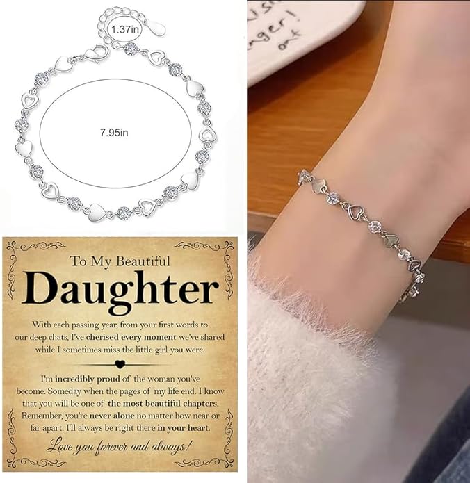 To My Daughter Bracelet, Silver Heart Chain Bracelet with Shiny Stones, Perfect Birthday or Graduation Christmas Gift for Daughter with Message Card and Gift Box