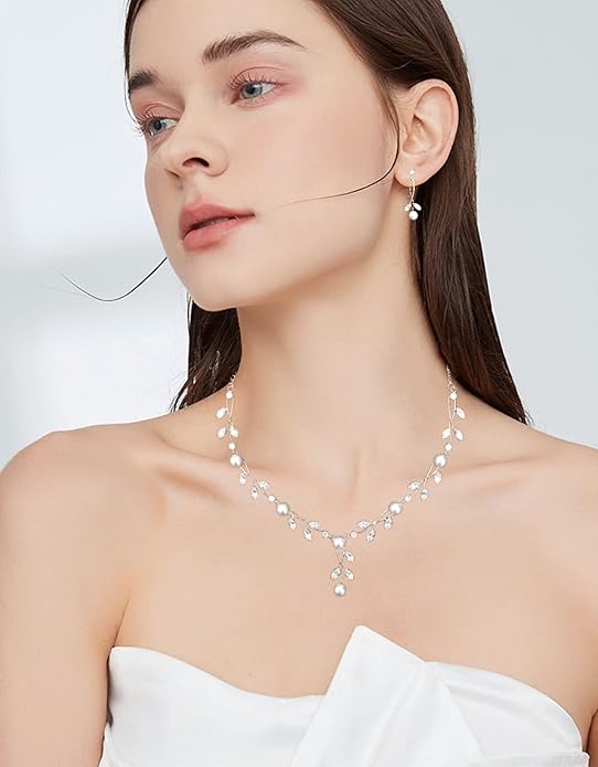 Luxury Cubic Zirconia Aurtrian Crystal Pearl Floral Necklace Dangle Earrings Wedding Bridal Jewelry Set Birthday Gifts for Her