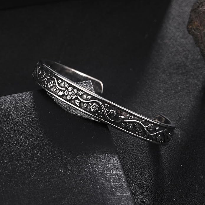 YWMAN Vintage Floral Cuff Bracelet, Stainless Steel Flower Bangle Bracelets for Women