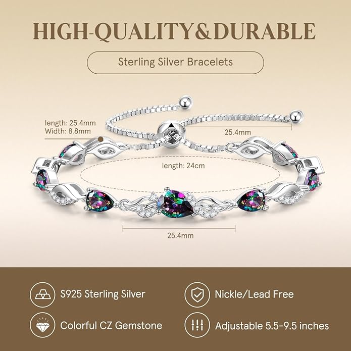 FANCIME Birthstone Teardrop Tennis Bracelet for Women, Sterling Silver 9x7mm main Gemstone Bolo Adjustable Chain Bracelet Fine Jewelry Birthday Gifts for Women Mom Wife Her