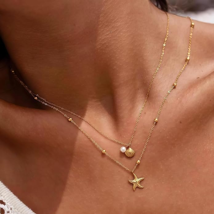 Shell Starfish Necklace for Women, 14k Gold Plated Boho Layered Beaded Charm Pendant Necklace, Dainty Adjustable Pearl Conch Summer Beach Vacation Jewelry Gifts