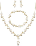 EVER FAITH Bridal Cubic Zirconia Jewelry Sets for Women, White Simulated Pearl Leaf Vine Pendant Wedding Party Necklace Earrings Set for Bridesmaid Bride