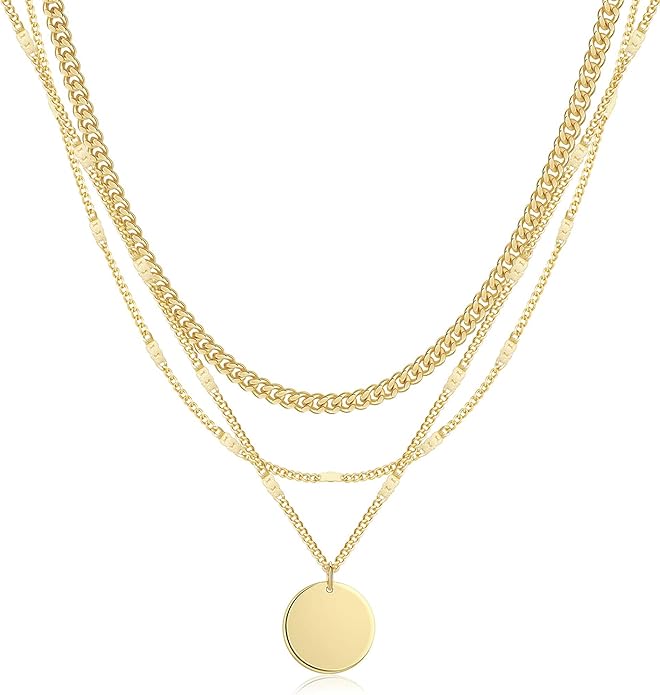 Layered Gold Silver Necklaces for Women, Stackable Stack 14K Real Gold Plated Silver Chain Necklace Diamond Circle CZ Layering Pendant Necklaces Trendy Gold Jewelry Set Gifts