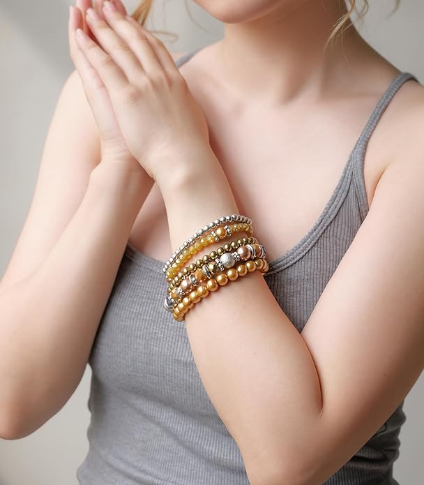 Noessla Beaded Pearl Stretch Bracelet Silver Stackable Crystal Beads Bracelets Trendy Costume Jewelry Mothers Day Gifts for Women