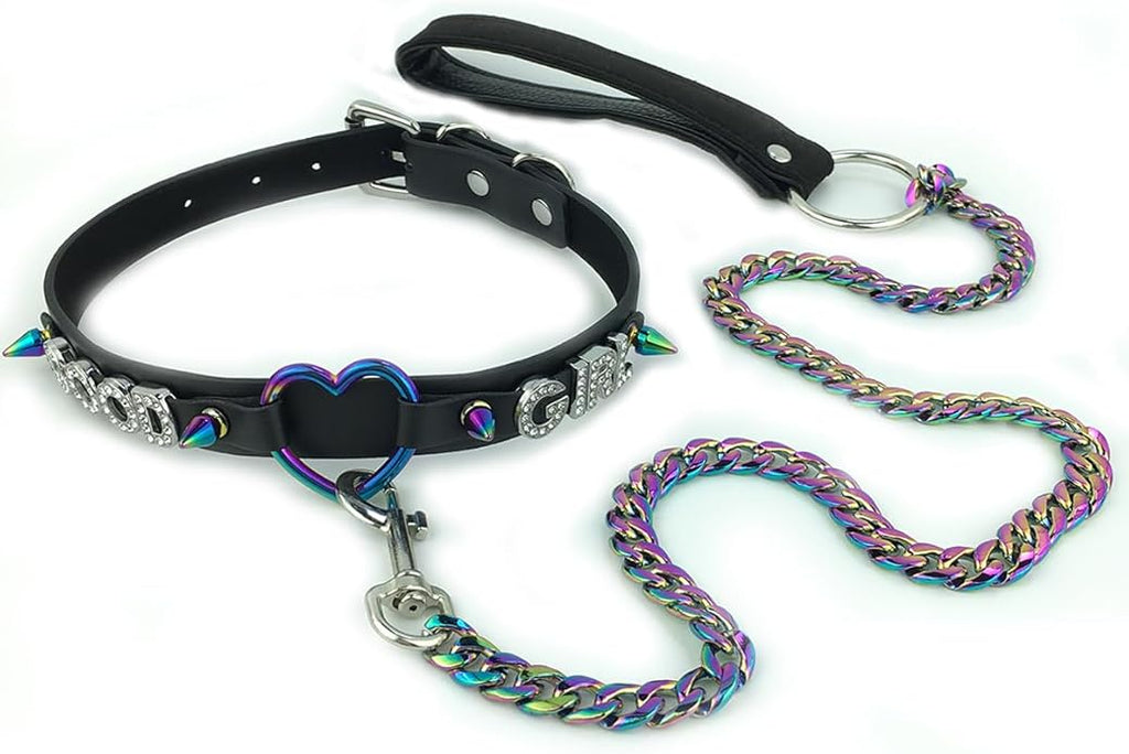 Succuba Handmade Heart Ring Rhinestone Letter Pu Leather Choker Collar Necklace for Women and Men