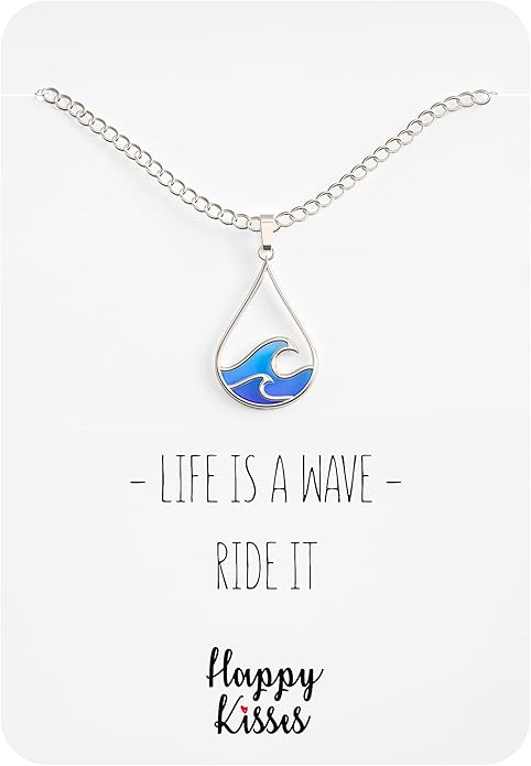 Happy Kisses Silver Wave Necklace - Beach Jewelry for Surfers and Sea Lovers - Motivational Drop Shape Pendant with Gift Message Card