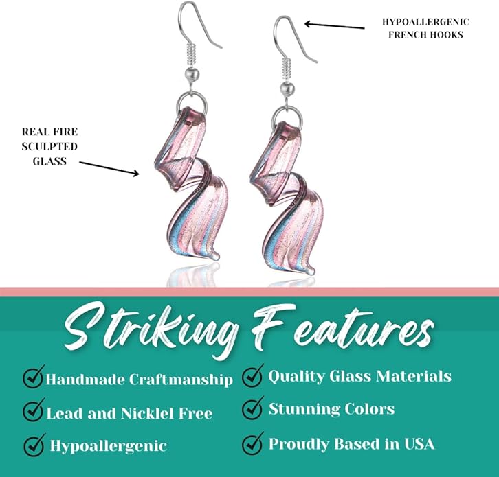 BESHEEK Handmade Murano Inspired Gorgeous Artist Made Pink Purple Blue Twist Glass Dangle Earrings | Handcrafted Blown Hypoallergenic Artisan Lampwork Italian Style Jewelry