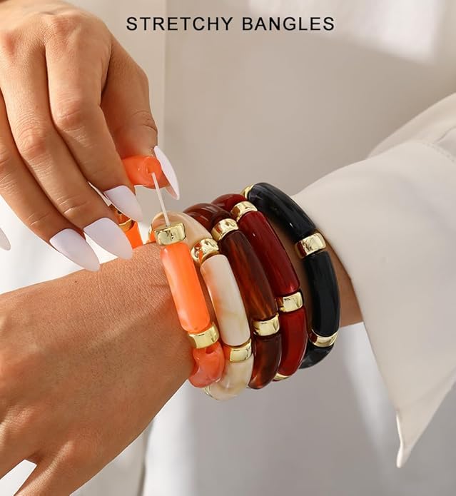 iF YOU 6pcs Chunky Acrylic Bangle Bracelets for Women, Resin Bamboo Brown Stretchy Bracelet Stack, Fashion Jewelry for Women