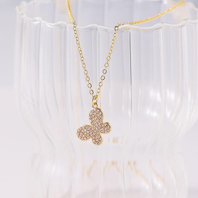 14K Gold Plated Dainty Pendant Butterfly Bead Boot Bee Baseball Flower Compass Airplane Heart Hummingbird Tree Necklace Simple Jewelry Gift for Women