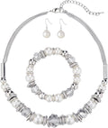 PEARL&CLUB Silver Beaded Statement Necklaces for Women Chunky Bead Necklace Bracelet and Earring Costume Jewelry Sets Gifts for Mom