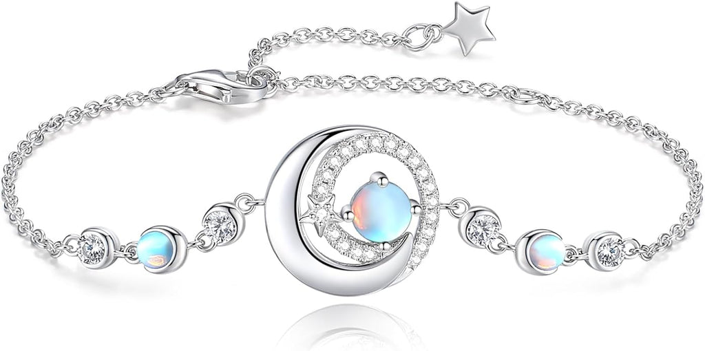 FANCIME Birthstone Bracelets 925 Sterling Silver Moon and Star Bangle Charm Bracelet Fine Jewelry Birthday Anniversary Christmas Day Gift for Her Women, Adjustable Chain 6.7"+1.2" Extend