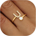 Valentines Day Gifts Gold Silver Initial Rings for Women Non Tarnish Dainty 14k Gold Plated Stackable Rings for Women Trendy Adjustable Letter Cubic Zirconia Pinky Ring Cute Open Birthday Gift Jewelry