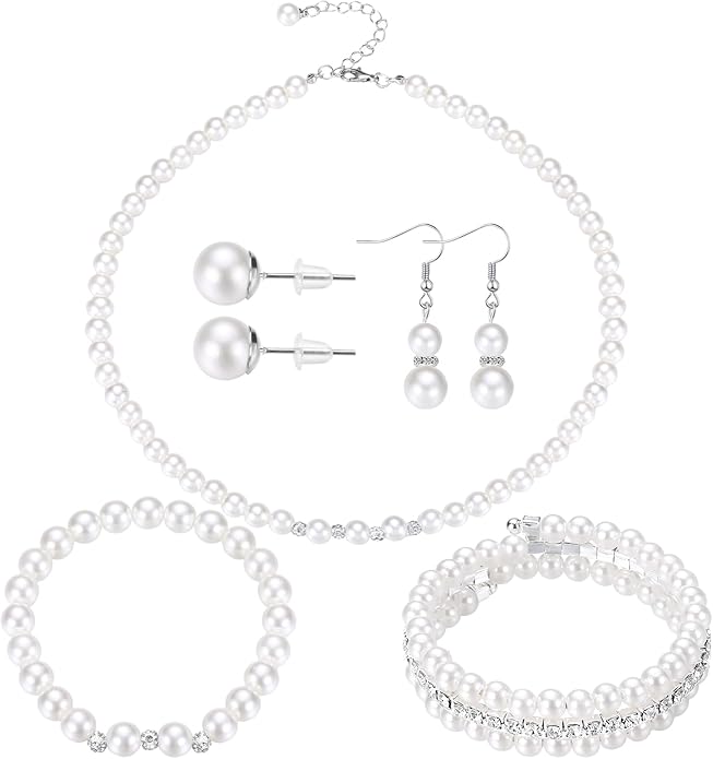 Glenmal Pearl Rhinestone Jewelry Set for Women Pearl Necklace Bracelet Earrings for Wedding Birthday Bridal Shower Tea Party