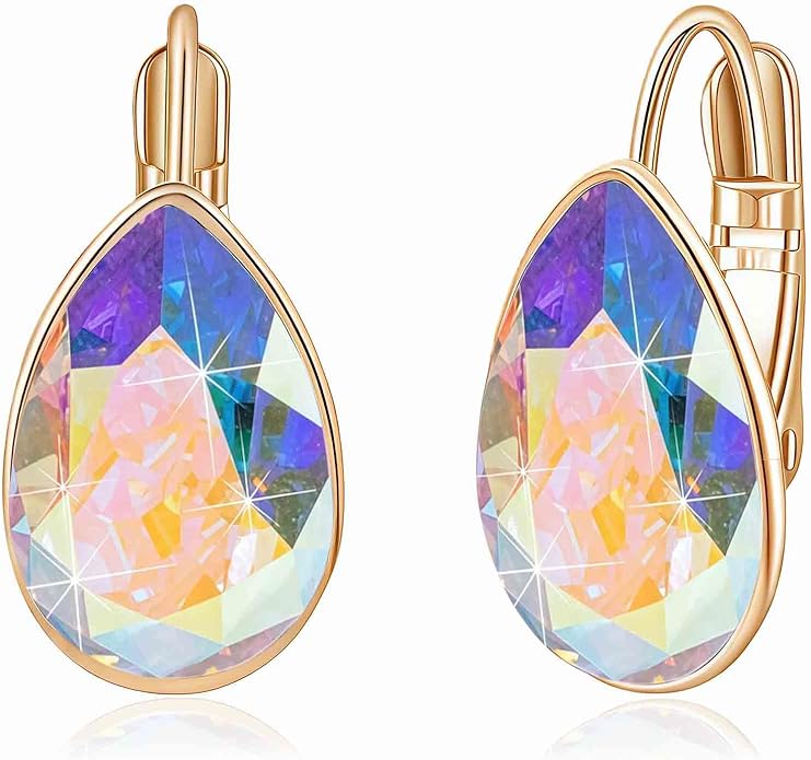 Teardrop Austrian Crystal Leverback Drop Earrings for Women 14K Rose Gold Plated Hypoallergenic Jewelry