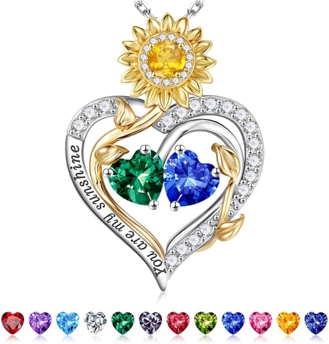 Iefil Valentines Day Gifts for Her - 925 Sterling Silver Sunflower Double Birthstone Necklace for Women, Anniversary Birthday Gifts for Wife, You Are My Sunshine Necklaces, Jewelry for Wife Mom