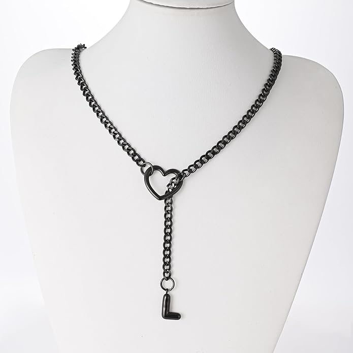 Black Heart Slip Chain Initial Necklaces for Women,Stainless Steel O-Ring Adjustable Lariat Heart Y-Necklace,Punk Gothic Cuban Collar Choker Necklace for women