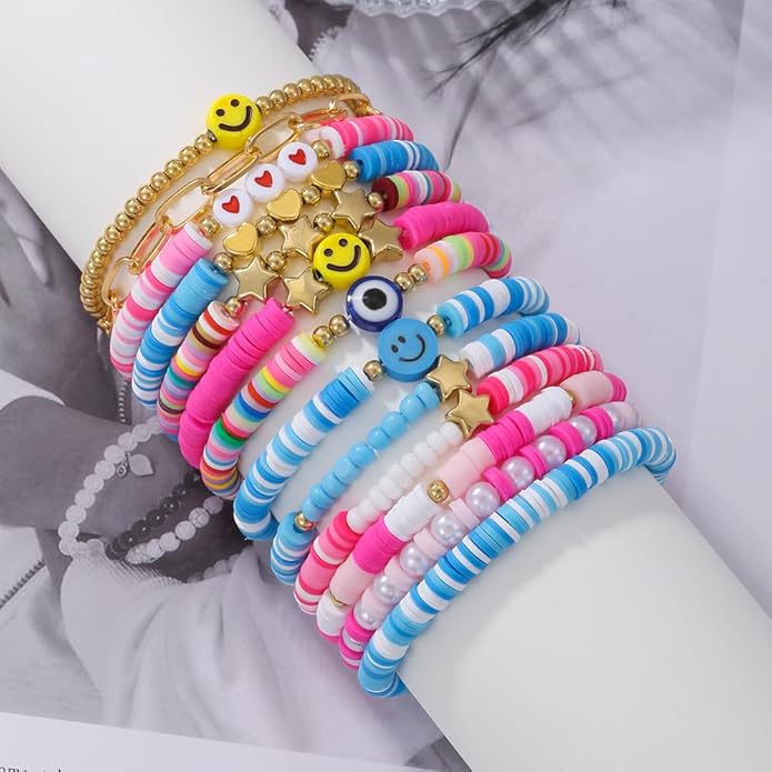 Friendship Bracelets Boho Stackable Bracelets for Women Surfer Heishi Clay Bead Bracelets Stretch Preppy Bracelets Colorful Boho Bracelets for Women