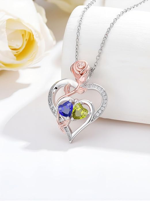 Rose Flower Heart Pendant for Women Birthday Gifts 18k Gold Plated Mother Daughter Necklace with 12 Months Birthstone Christmas Valentines Day Gifts for Her Mom Anniversarry Jewelry for Mom Wife Girlfriend
