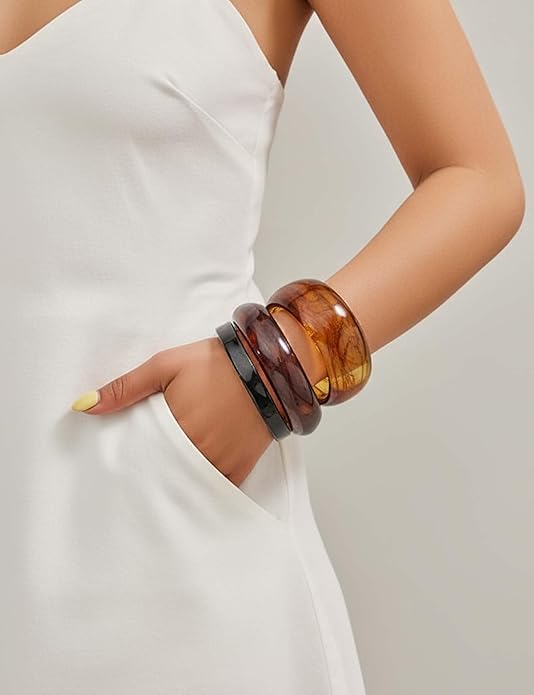 Chunky Resin Bracelet for Women Vintage Tortoiseshell Resin Bangle Bracelets Set Wide Acetate Wristband Acrylic Bracelet Statement Jewelry