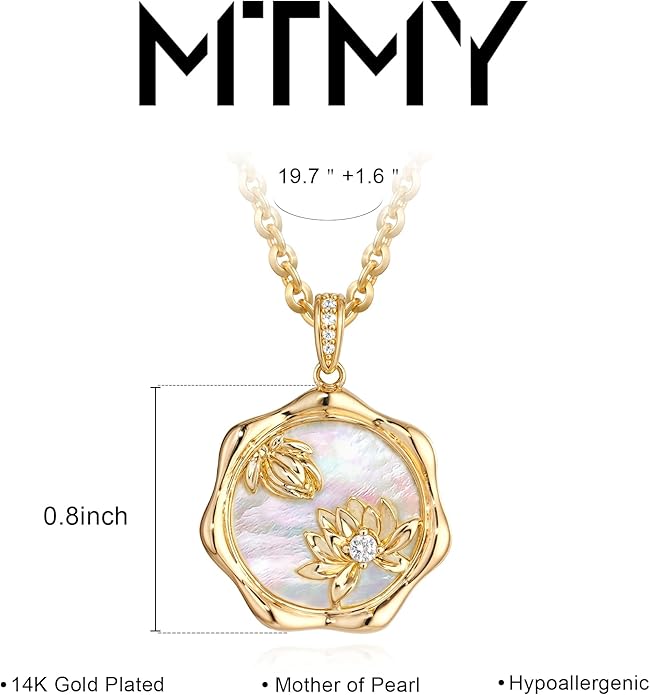 MTMY Birth Flower Necklace 14K Gold Plated Mother of Pearl Disc Birth Month Flower Pendant Necklaces for Women Personalized Custom Floral Jewelry Birthday Gift