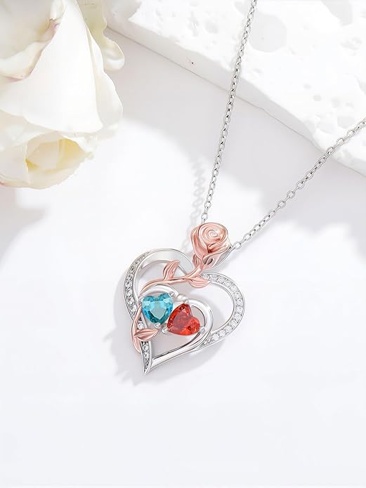 Rose Flower Heart Pendant for Women Birthday Gifts 18k Gold Plated Mother Daughter Necklace with 12 Months Birthstone Christmas Valentines Day Gifts for Her Mom Anniversarry Jewelry for Mom Wife Girlfriend