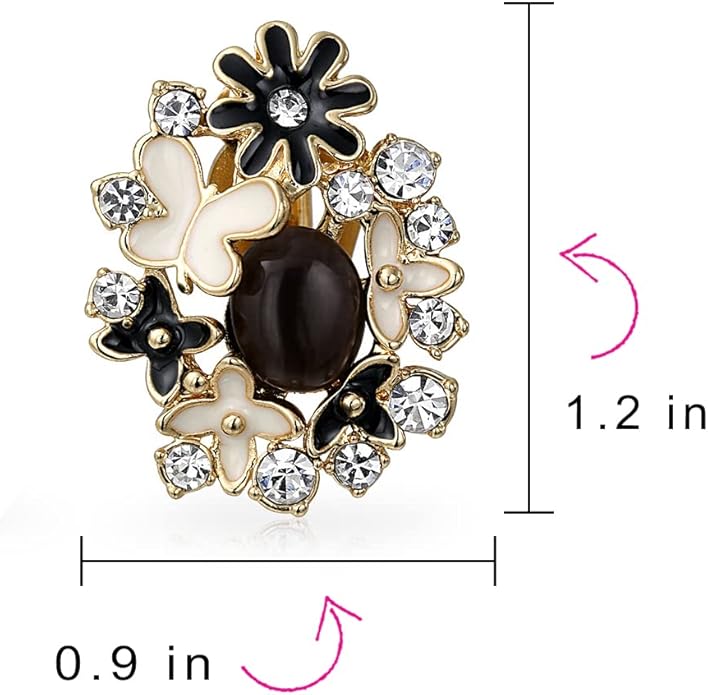 Pink Red Enamel Flower Crystal Edge Spring Retro Floral Rose Clip On Earrings For Women Non Pierced Ears 14K Gold Plated