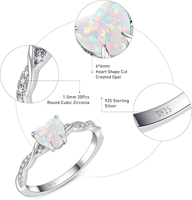 1.25ct Womens Heart Promise Ring, 925 Sterling Silver Heart Cut Created Emerald/Sapphire/Amethyst/Ruby/Cubic Zirconia/Opal Twisted Vine Engagement Ring for Women Size 5-10