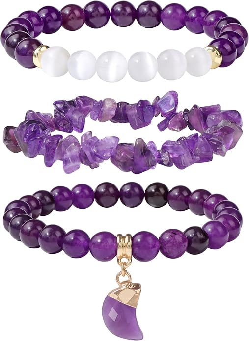 Healing Crystal Beaded Bracelets for Women,Natural Amethyst Gemstones Bracelet,Anxiety Stress Relief Heart Charm Bracelet Handmade purple Jewelry Gifts for Women