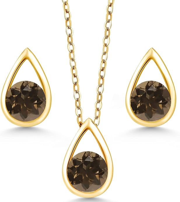 Gem Stone King 18K Yellow Gold Plated Silver 5MM Round Gemstone Birthstone Teardrop Pendant Earrings Set | Jewelry Set for Women | With 18 Inch Chain