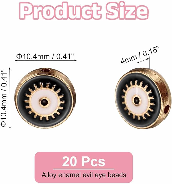 MECCANIXITY 20 Pcs Flat Round Evil Eye Beads Colorful Flat Loose Spacer Evil Eye Charms for DIY Bracelet Earrings Necklace Crafts Jewelry Making, Black