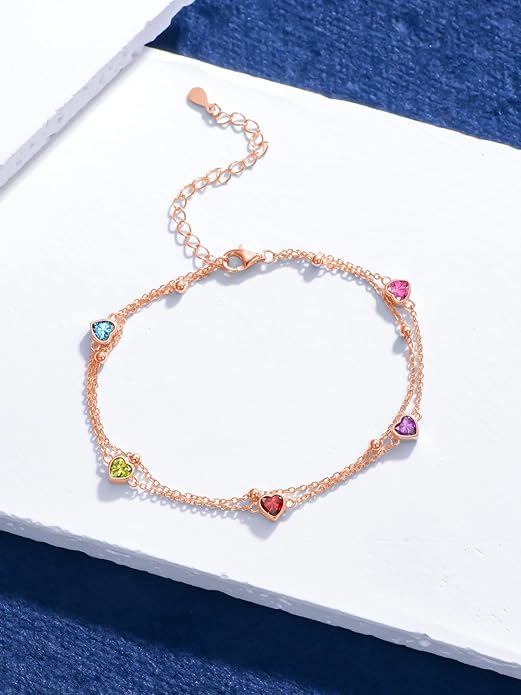 Birthstone Anklet/Bracelets for Women 925 Sterling Silver Charm Link Double Strand Heart Birthstone Jewelry Gift for Wife Women Mother's Day Gift