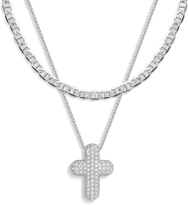 OGD Bubble Cross Necklace for Women 14k Gold Plated Cross Necklace Stackable Dainty Gold Necklace Mariner Chain Necklace CZ Cross Pendant Necklaces Set Simple Jewelry Gift