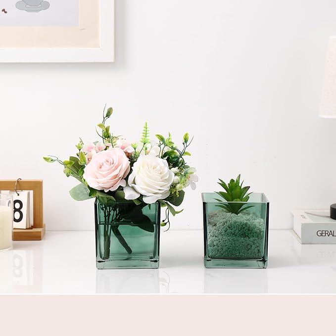 Square Green Glass Vases Set of 2, Flower Vases - Image 4