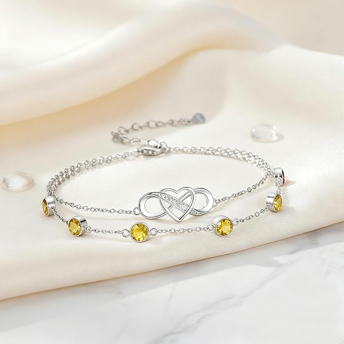 Prismata Infinity Birthstone Charm Link Bracelet 925 Sterling Silver Adjustable 12 Months Birthstone Infinity Bracelet Birthday Jewelry Gifts for Women Mom Her,with 7"+2" chain