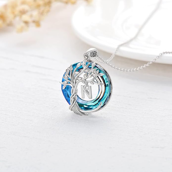 TOUPOP Gifts for Women Tree of Life Necklace 925 Sterling Silver Initial Pendant Family Tree Crystal Jewelry Valentine's Day Birthday Gifts for Her Mom Wife Girlfriend Daughter