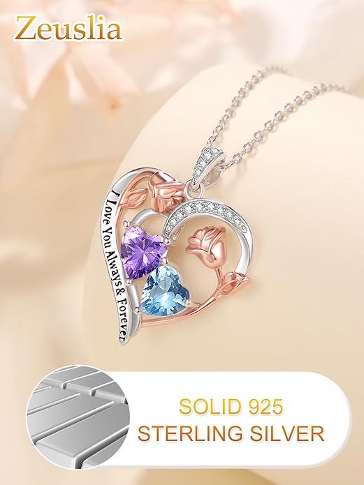 Valentine's Day Gifts for Wife 925 Sterling Silver Double Birthstone Pendant Necklaces I Love You for Always and Forever Necklace Anniversary Birthday Gifts for Wife Girlfriend Mom Her
