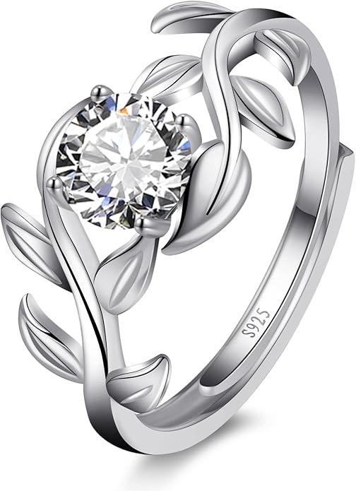 Adjustable Women Leaf|Wheat Grain|Filigree Ring 925 Sterling Silver Created Ruby|Sapphire|Cubic Zirconia Engagement Ring for Women Promise Wedding Ring Anniversary Valentines Open Size 5-9