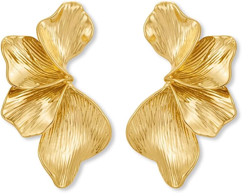 Chunky Gold Statement Earrings For Women Gold Plated Sectored Flower Leaf Shell Angel Wing Earrings Trendy Boho Jewelry For Women Large Stud Earrings Hypoallergenic Earrings