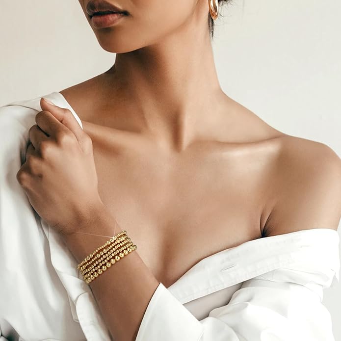 adoyi Valentines Day Gifts for Her Gold Bracelets for Women Waterproof, 14K Gold Plated Beaded Strand Bead Ball Bracelets stack Adjustable Jewelry Set for Gifts