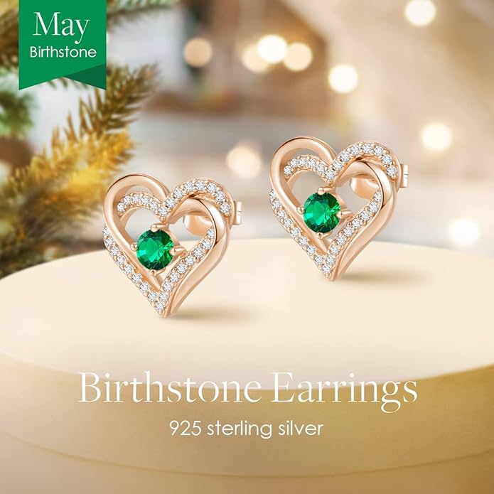 CDE Forever Love Heart Stud Earrings for Women, 925 Sterling Silver Birthstone Heart Stud Earrings Christmas Day Mother's Day Gift Anniversary Birthday Jewelry Gifts for Women Wife Her