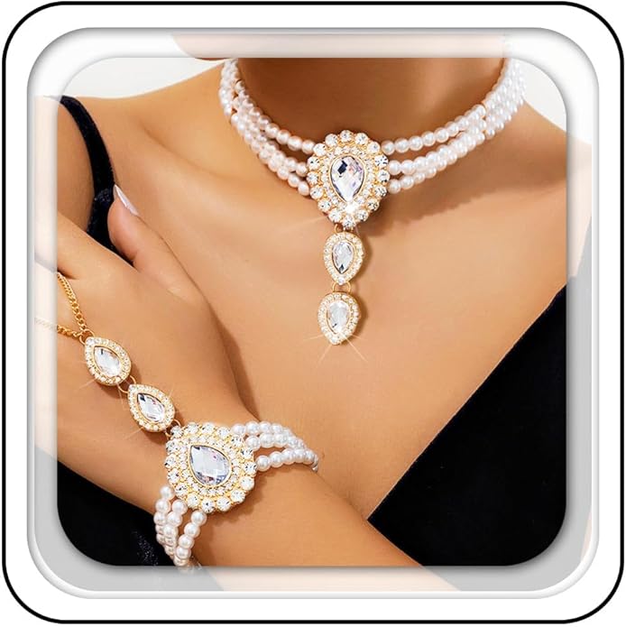 Brishow Pearl Choker Necklaces Set Green Crystal Bridal Jewelry Sets for Wedding Layered Pearl Costume Jewelry Bracelets Set for Women