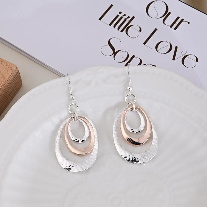 Boho Three Oval Drop Dangle Earrings Silver Earrings for Women Trendy Two Tone Bohemian Jewelry for Thanksgiving and Christmas Gifts