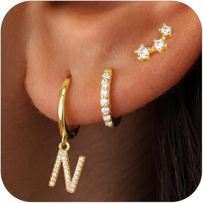 Valentines Day Gifts for Kids Girls - 3 Pairs Gold Earrings for Women Huggie Hoop Earrings for Girls with Initial Dangle Cartilage Earring Studs Hypoallergenic Earring Set for Multiple Piercing