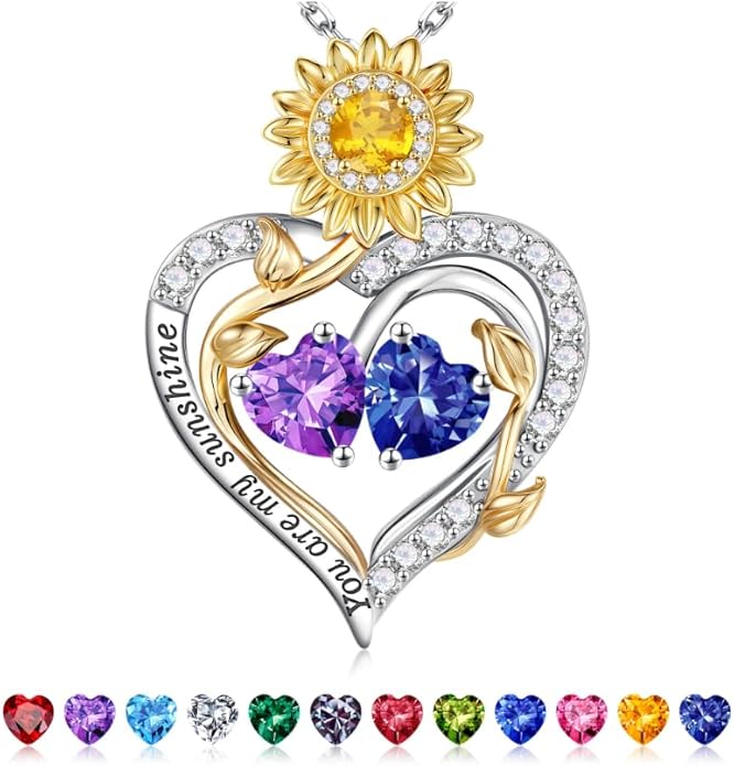 Iefil Valentines Day Gifts for Her - 925 Sterling Silver Sunflower Double Birthstone Necklace for Women, Anniversary Birthday Gifts for Wife, You Are My Sunshine Necklaces, Jewelry for Wife Mom