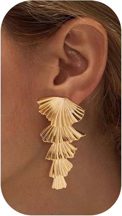 Chunky Gold Earrings-14K Gold Plated Ginkgo Leaf Bow Dangle Geometric Designed Drop Heart Teardrop Statement Chunky Earrings for Women