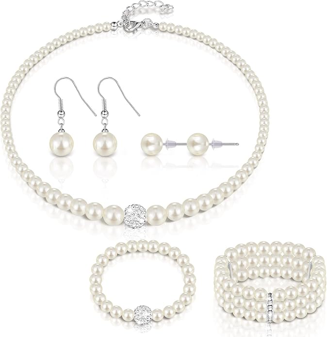 Glenmal Pearl Rhinestone Jewelry Set for Women Pearl Necklace Bracelet Earrings for Wedding Birthday Bridal Shower Tea Party